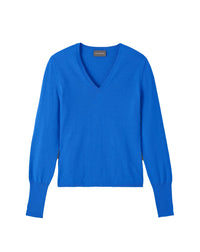 Slim-fit V-neck jumper with cashmere and silk wrist slits - Cobalt
