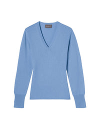 Slim-fit V-neck jumper with cashmere and silk wrist slits - Egyptian Blue