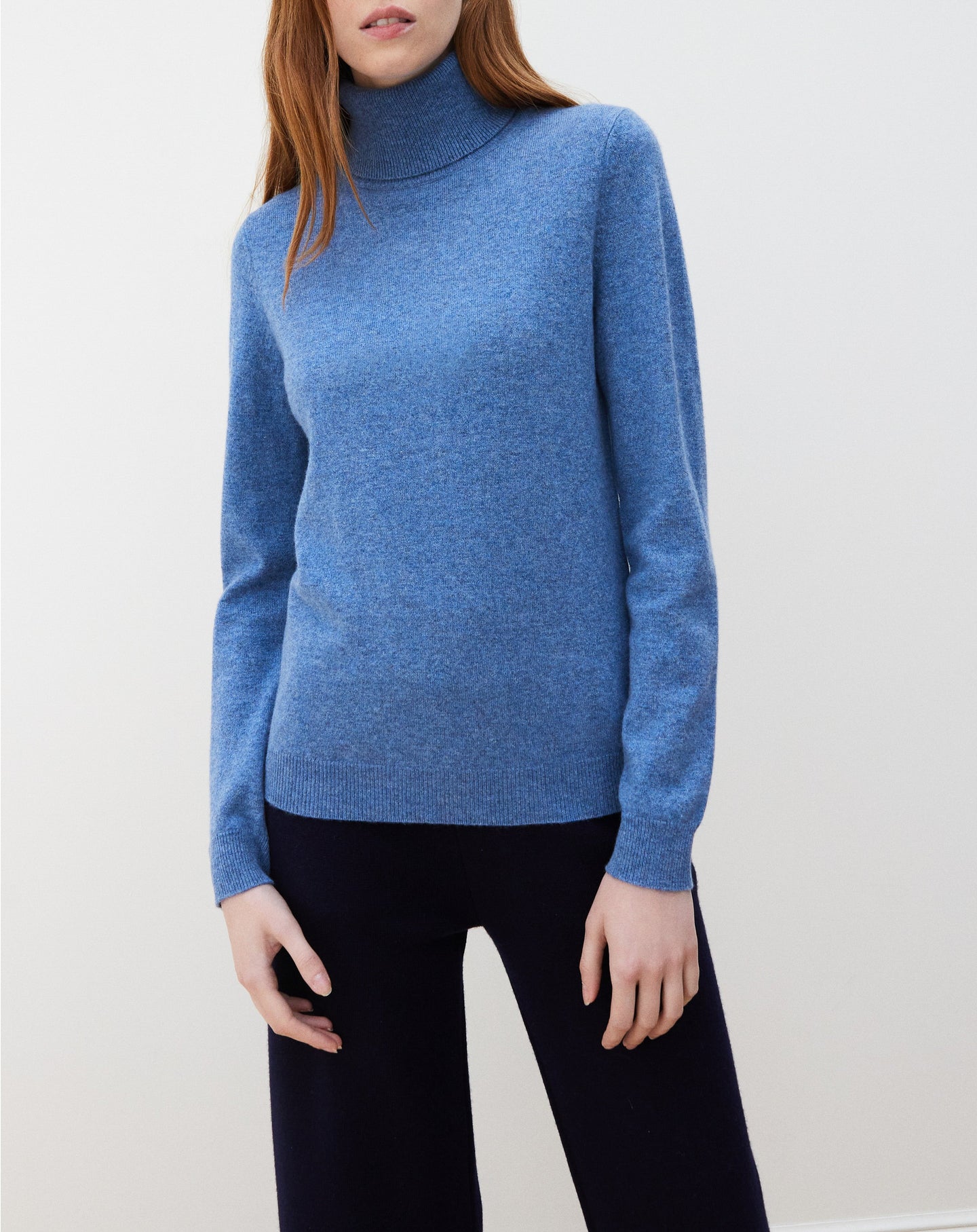 Pull col roulé classique en cachemire - Bleu Egée