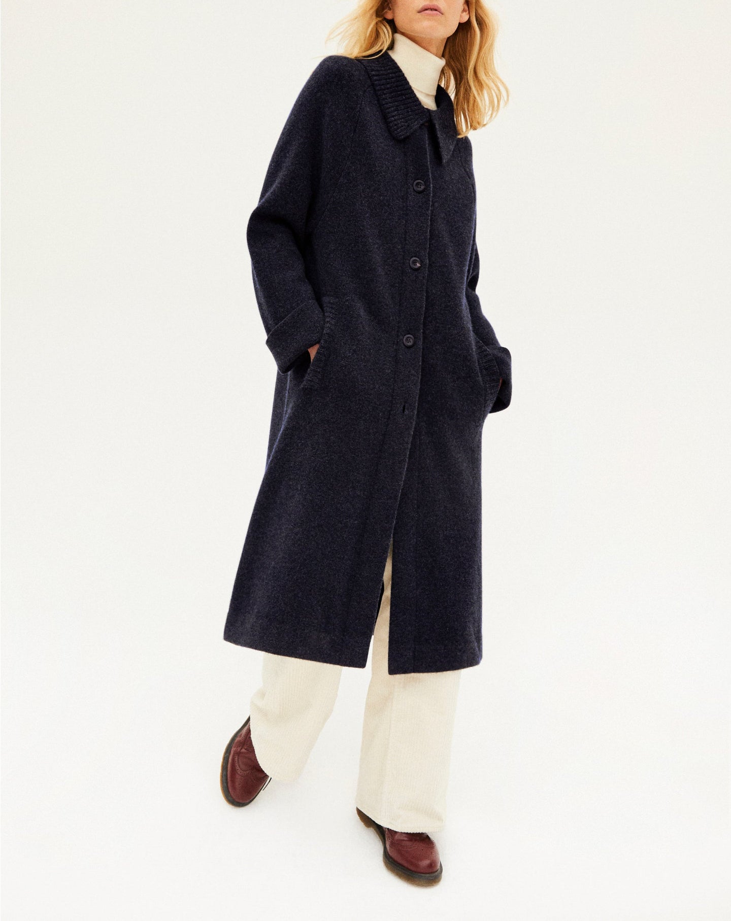 Double-sided cashmere coat with English rib collar - Navy