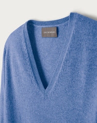 Pull à col V ajusté en cachemire - Bleu Egée