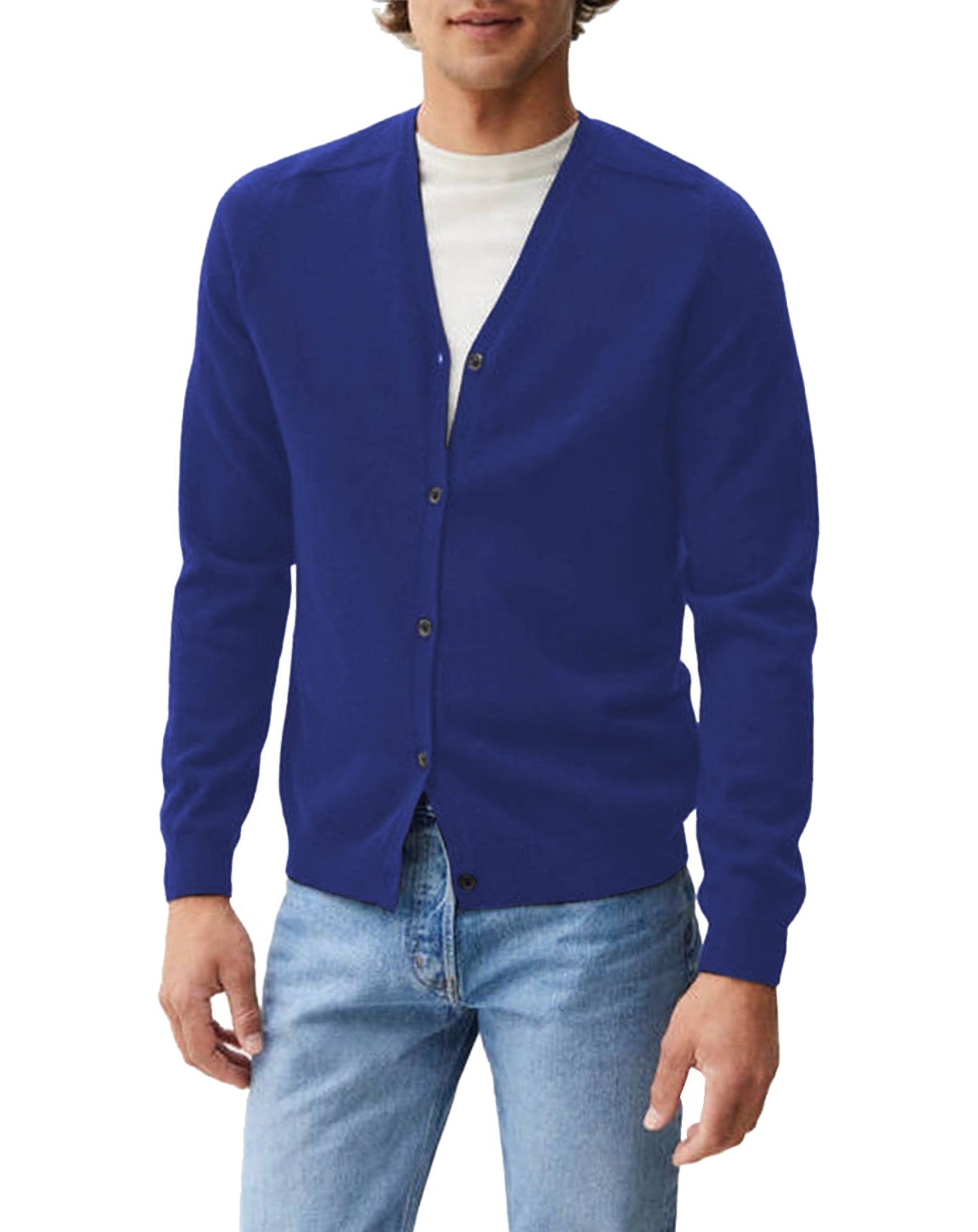 Fitted cashmere cardigan with hammered armholes - Atlantic Blue