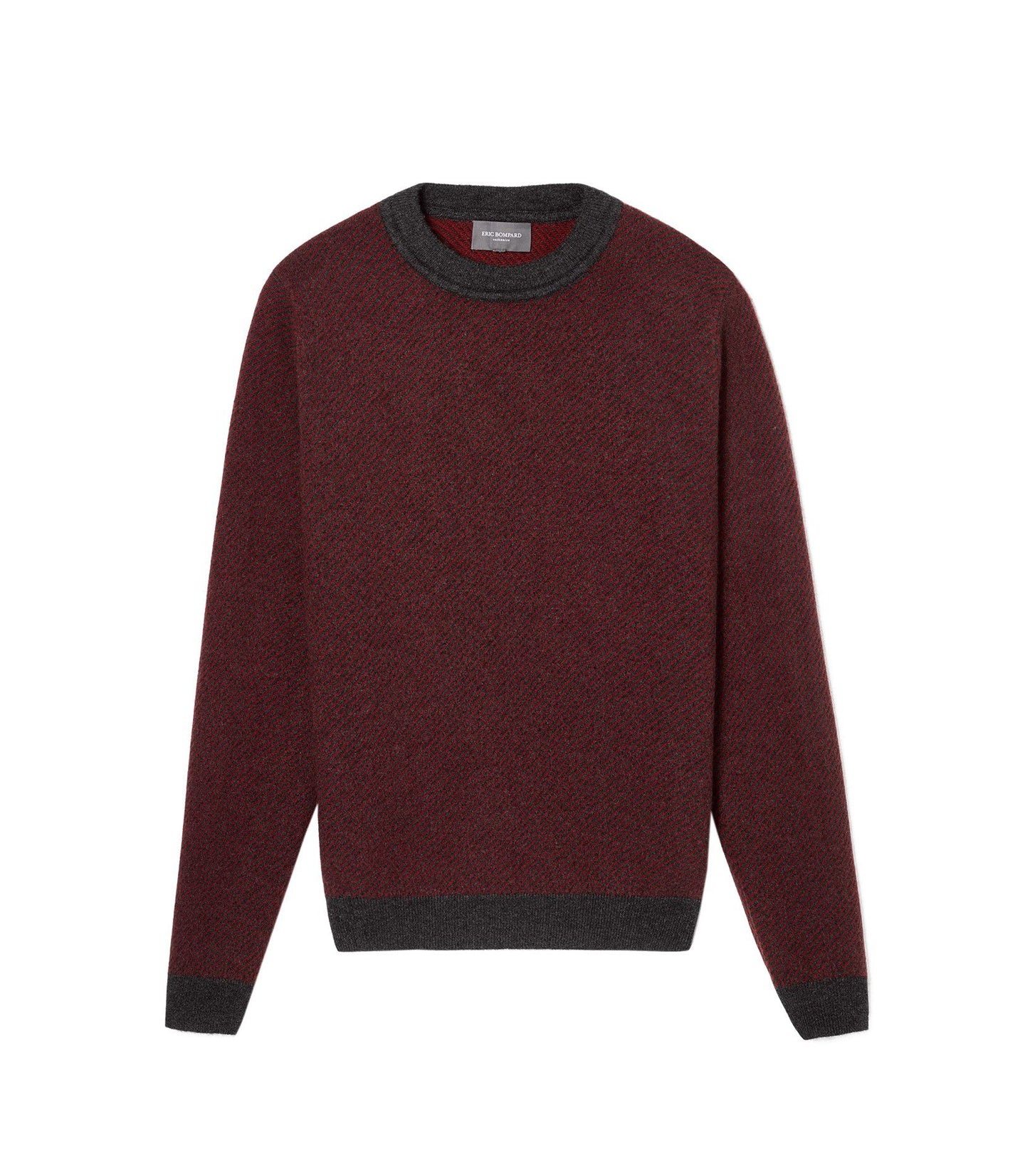 Diagonal Cashmere and Wool Crew Neck Sweater - Anthracite & Clove Red