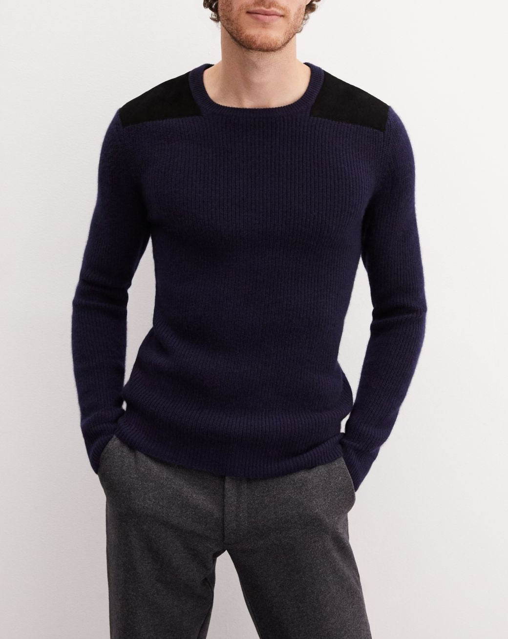 Crew-neck jumper with cashmere inserts - Navy