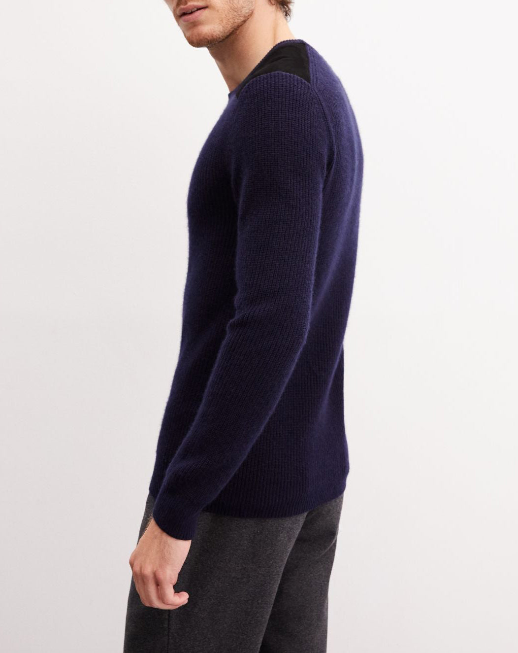 Crew-neck jumper with cashmere inserts - Navy