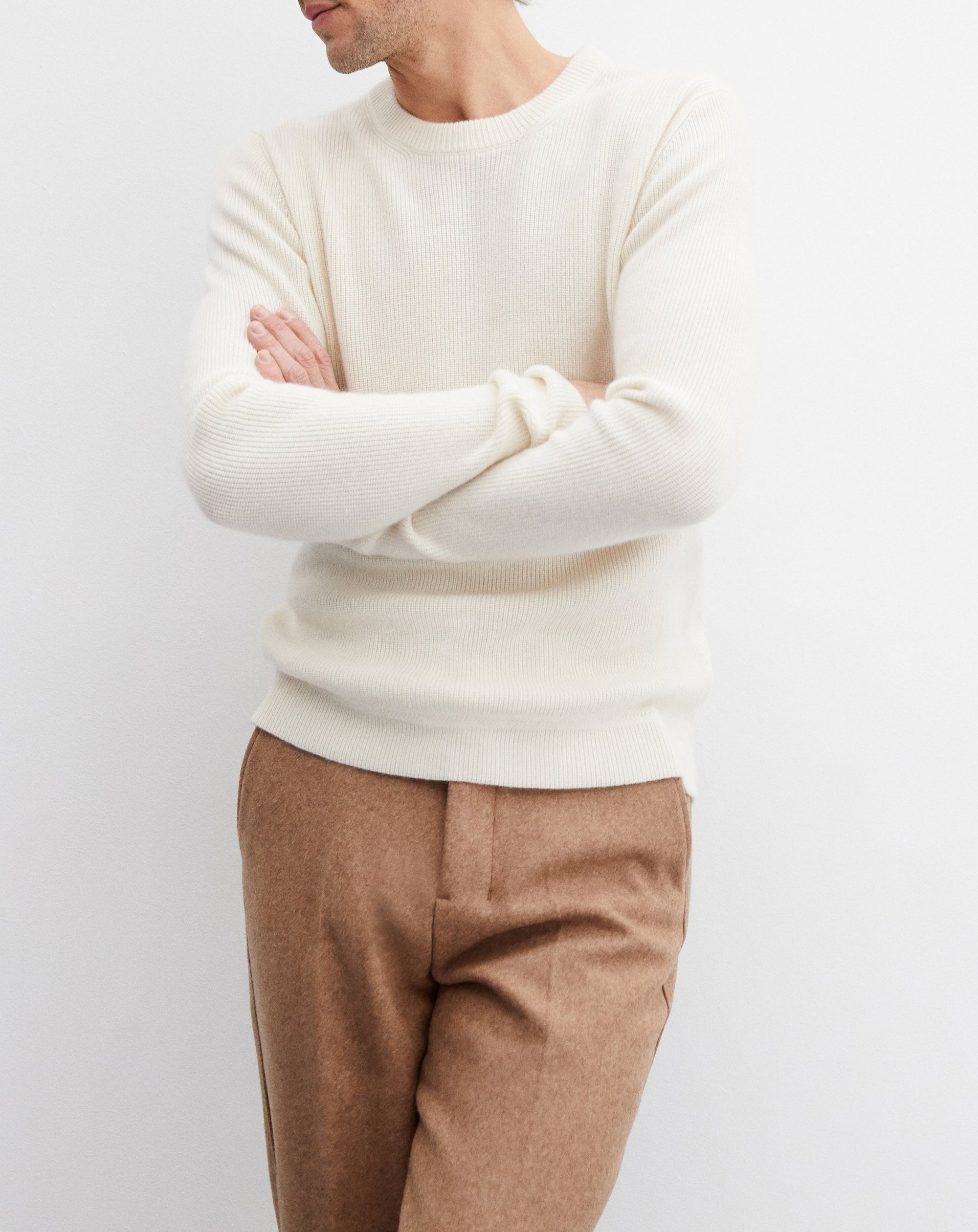 Cashmere ribbed crew neck jumper - Natural