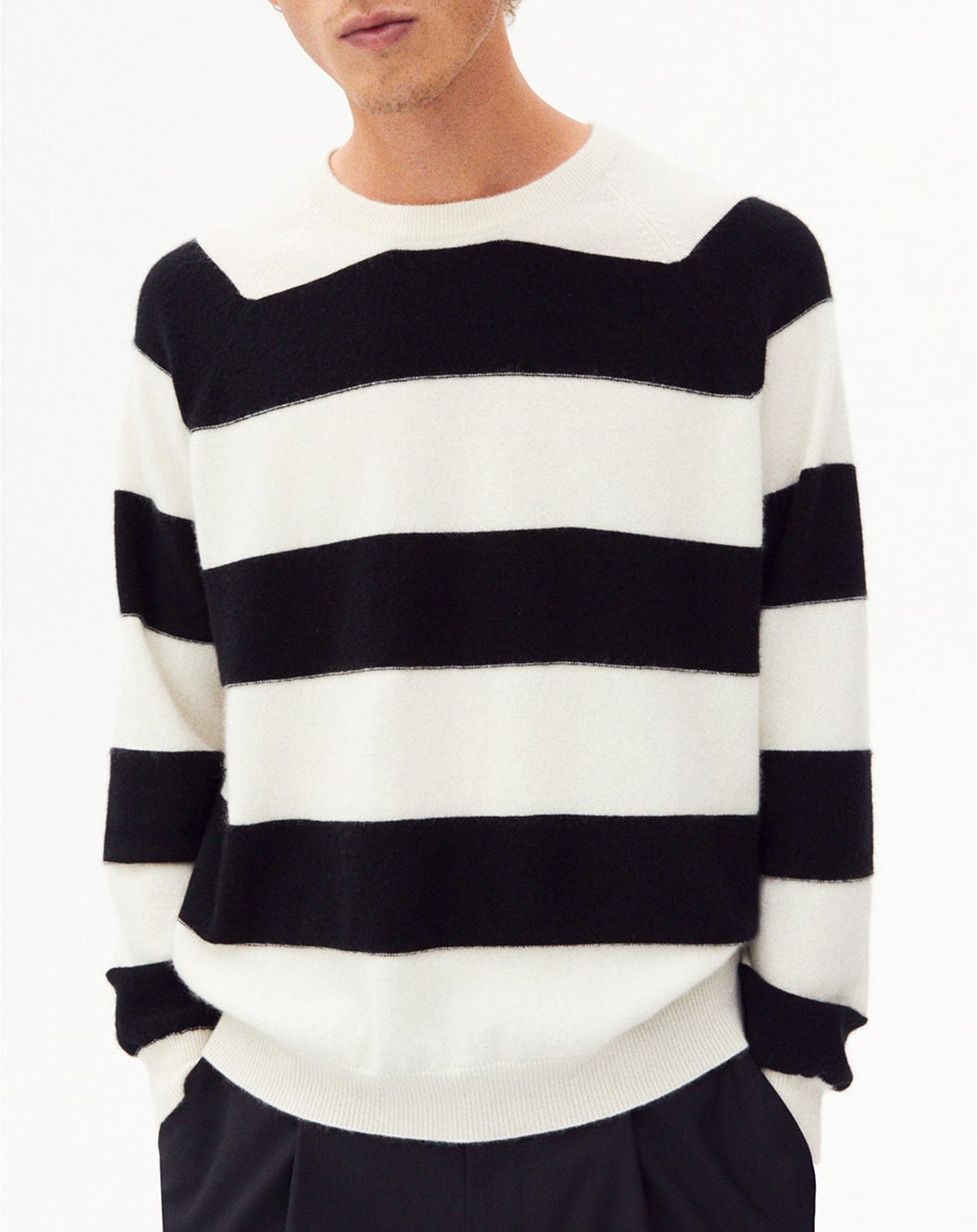Cashmere maxi stripe crew neck jumper - Natural & Black