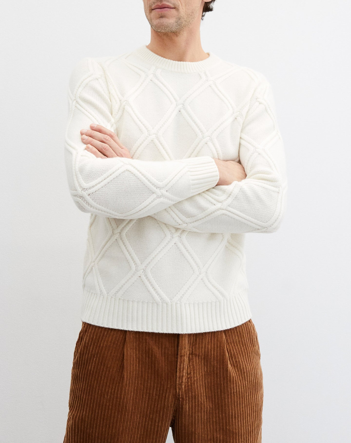 Cashmere diamond twist crew neck jumper - Natural