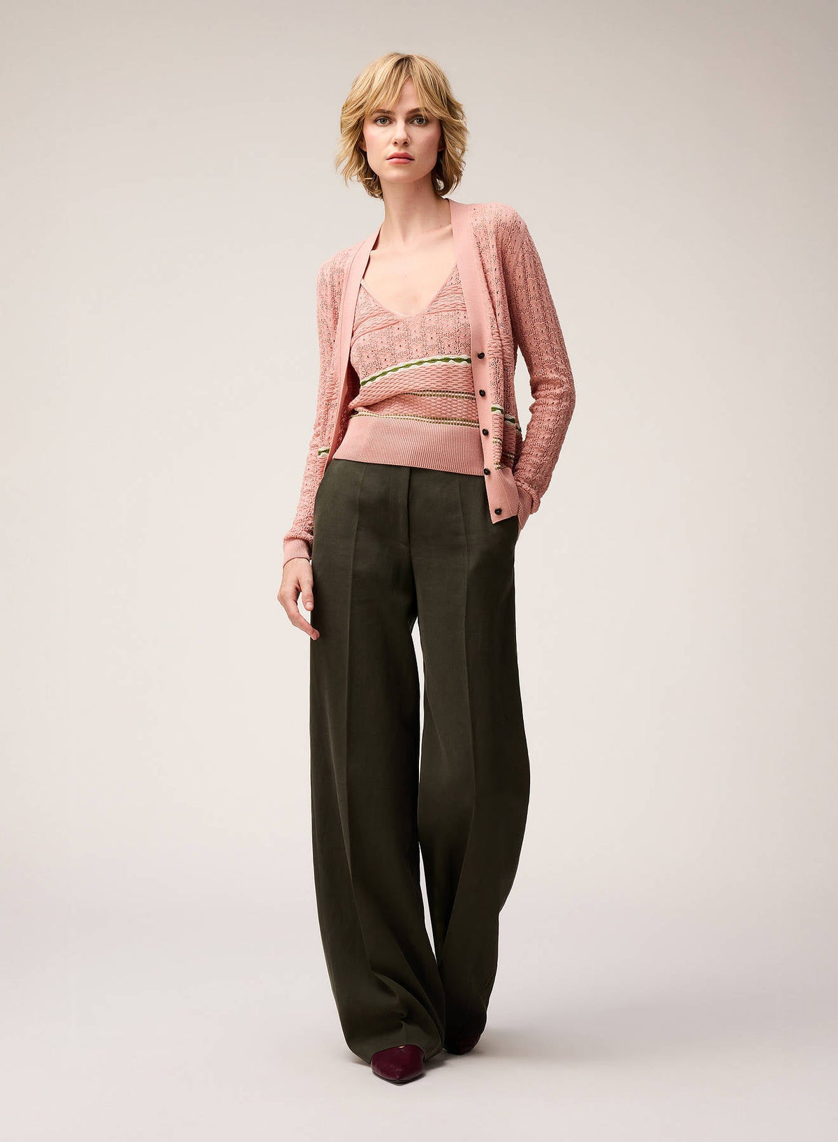 PINK ROSE, BUTTER, GREEN MIX STITCH KNIT TOP