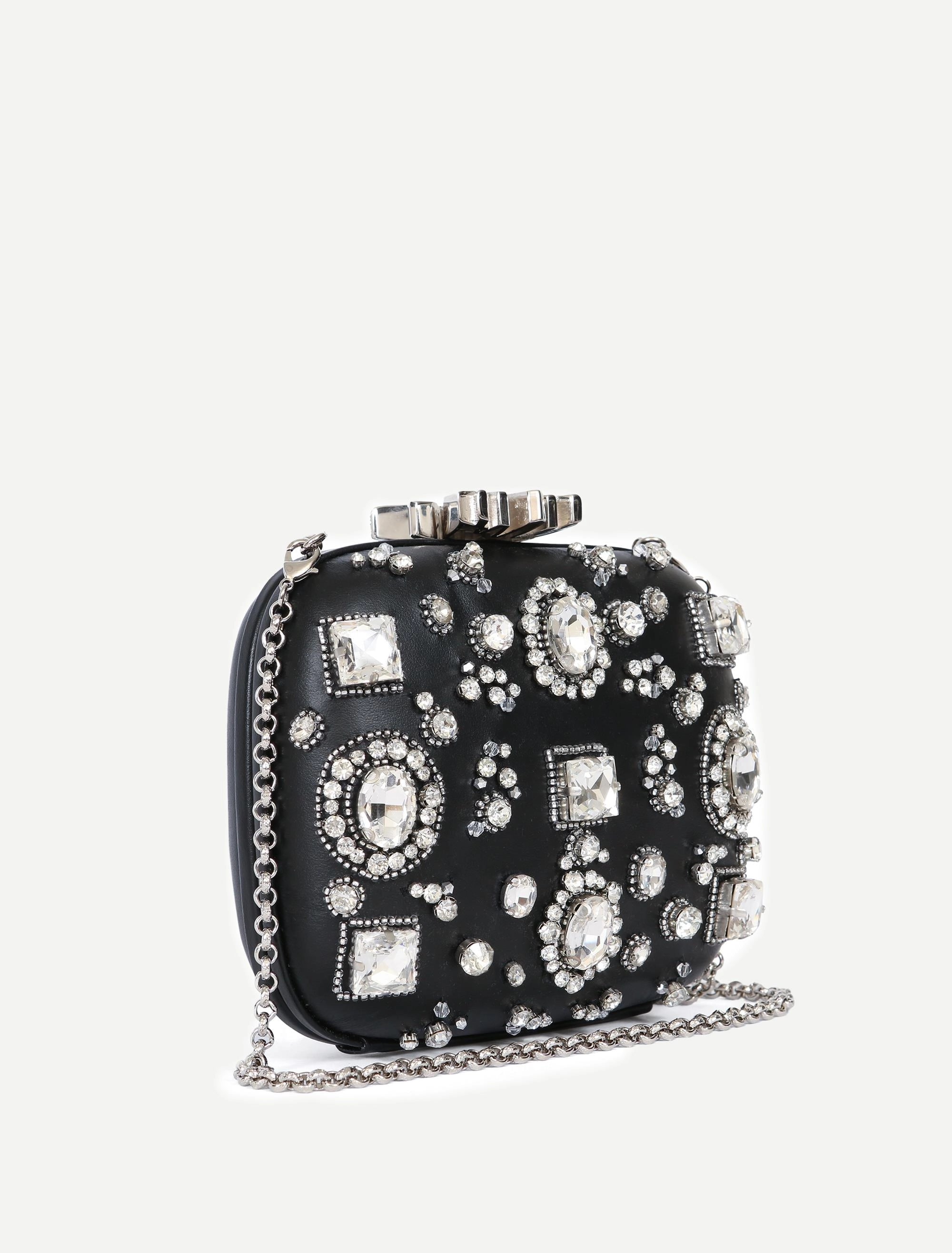 Leather rhinestone minaudière - Raven