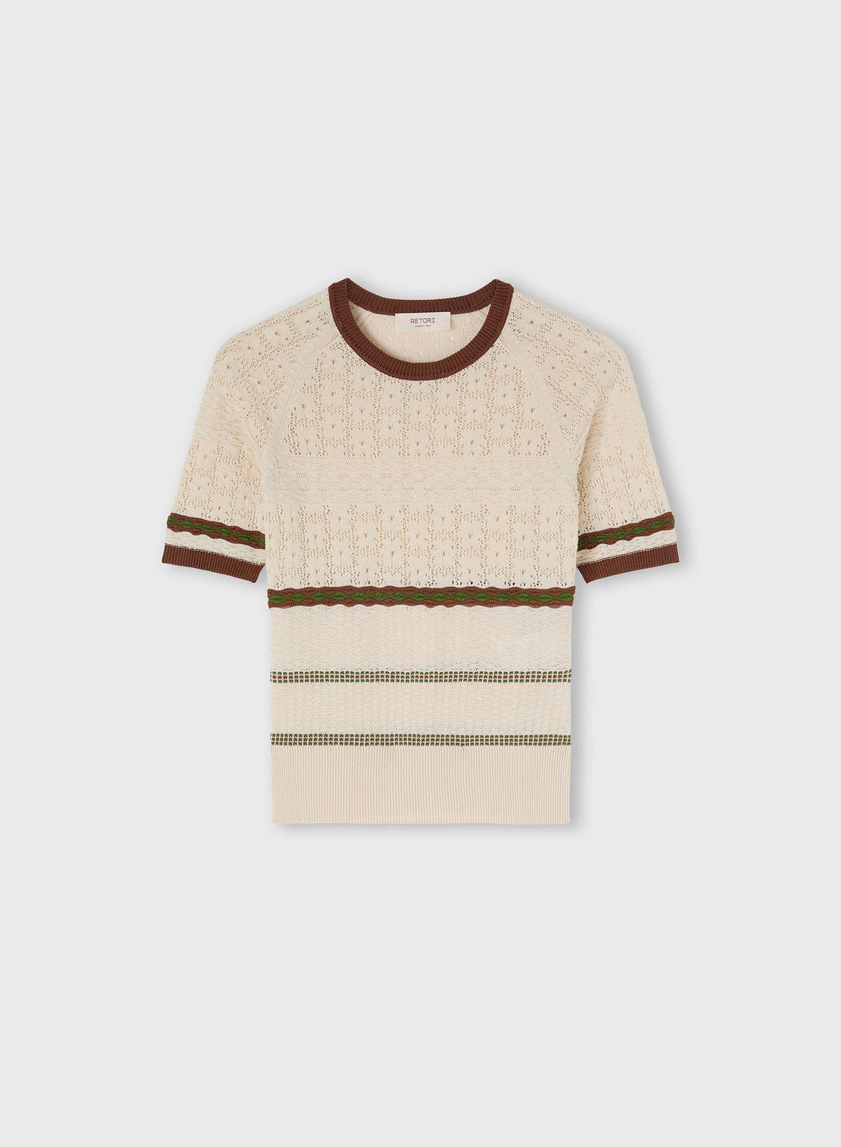 BUTTER, TOBACCO, GREEN MIX STITCH KNIT T-SHIRT