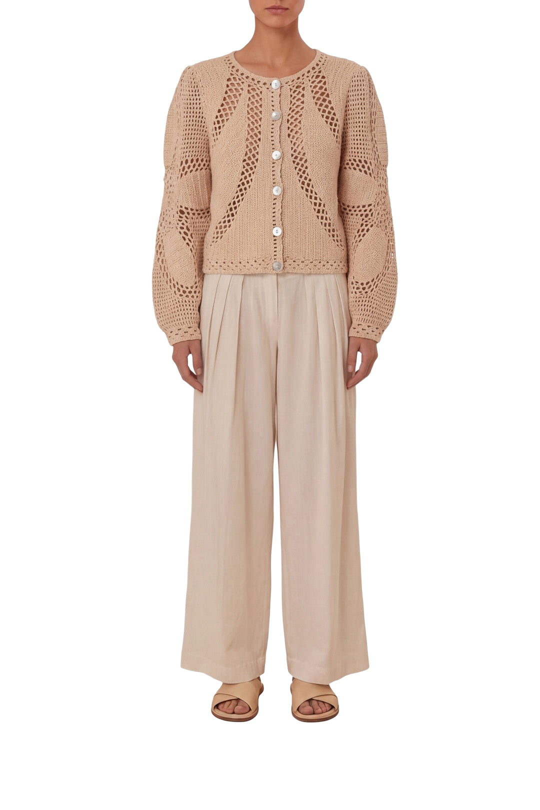 Cardigan crocheté à fleurs - Beige