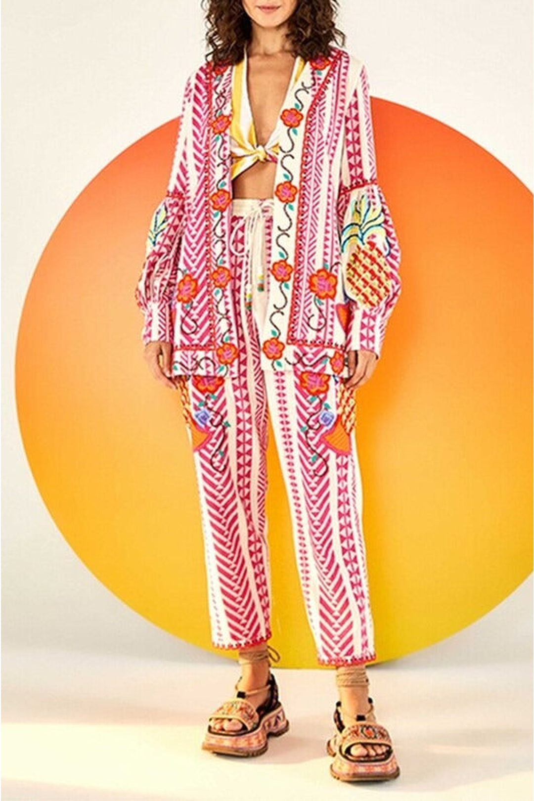 Kimono brodé en coton - Rose