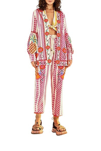 Kimono brodé en coton - Rose