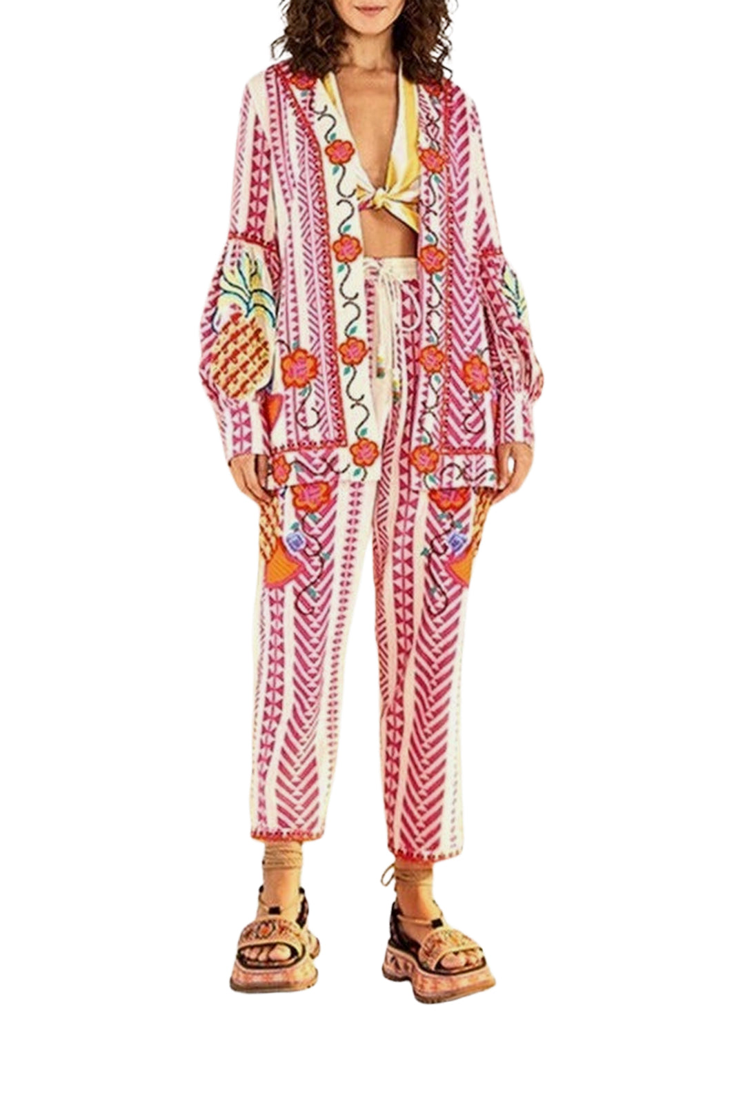 Kimono brodé en coton - Rose
