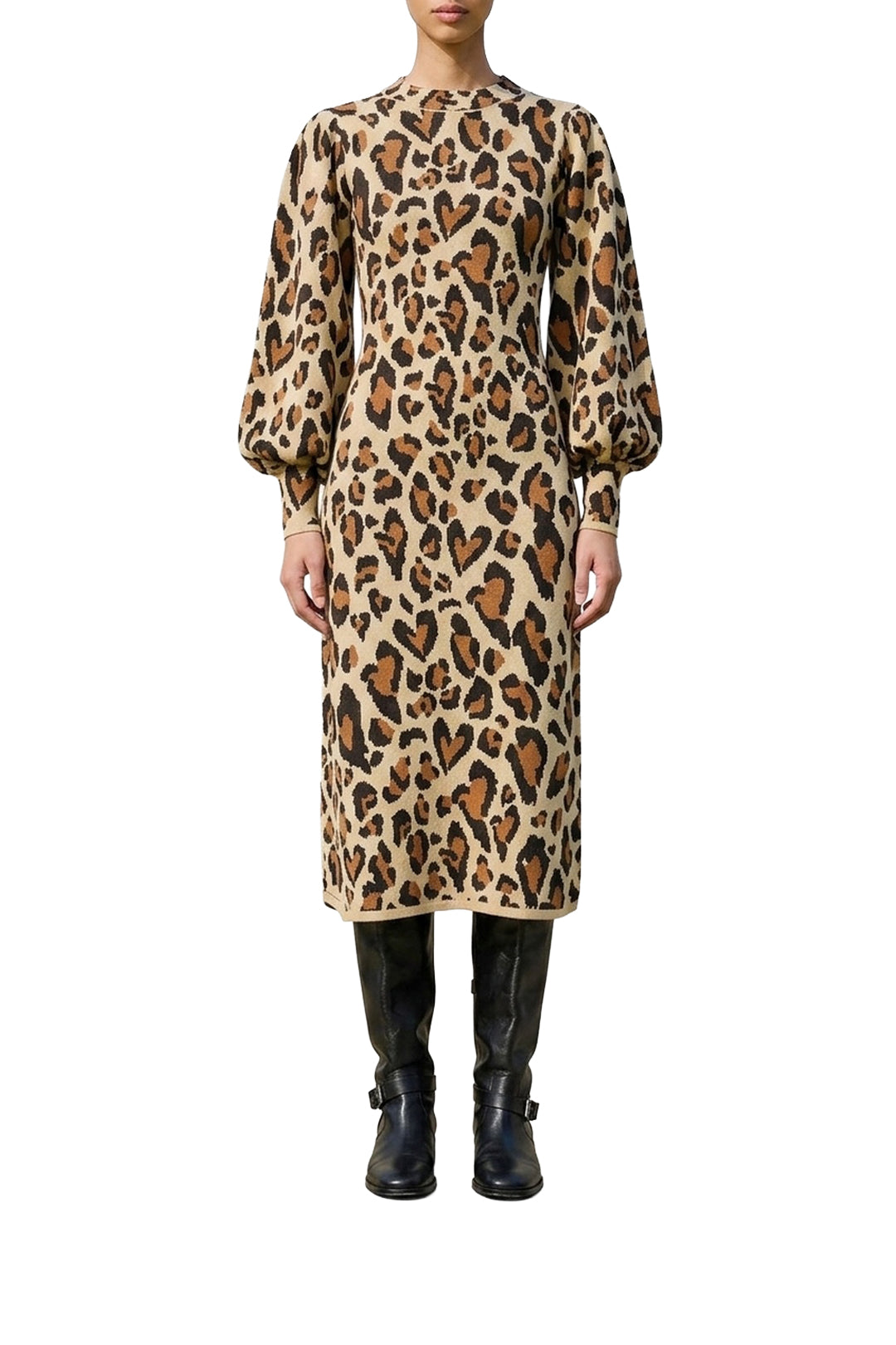 Leopard-print midi knitted dress - Brown