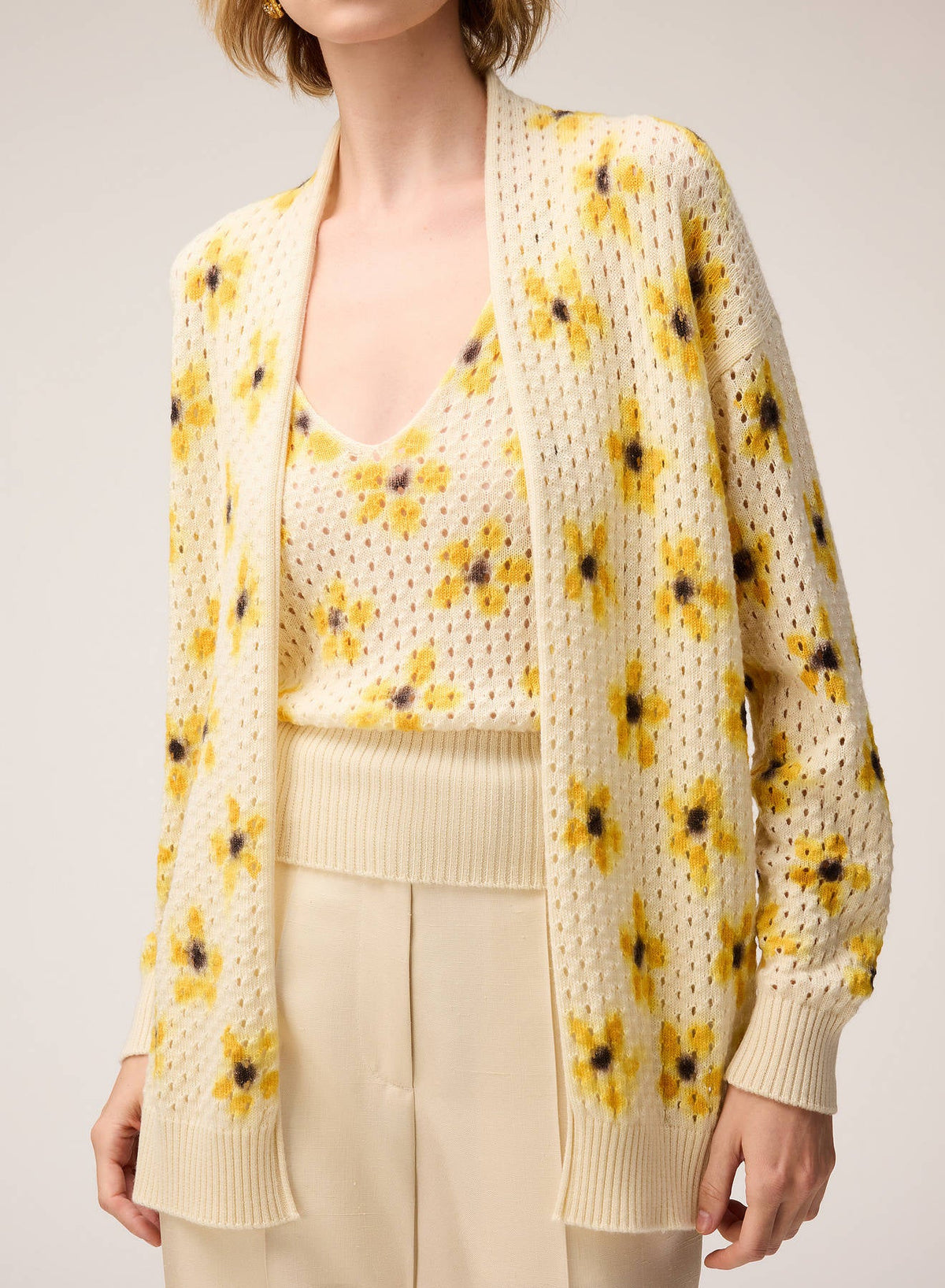 BUTTER PRINTED CASHMERE OPENWORK KNIT CARDIGAN