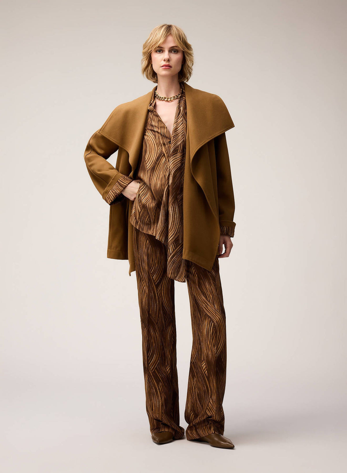 CAMEL PRINTED SILK SCARF DETAIL BLOUSE
