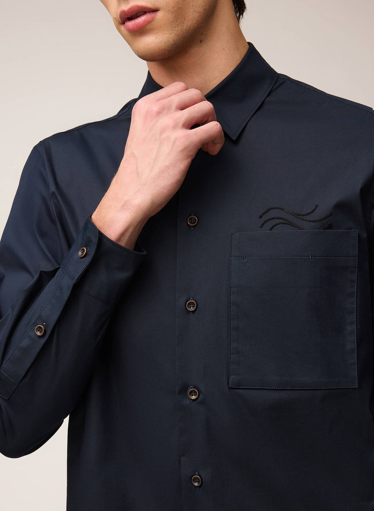 NAVY POPELINE COTTON STRETCH SHIRT WITH EMBROIDERY