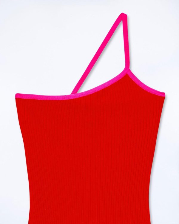 Robe Courte Asymétrique Bicolore  - Rouge Vif
