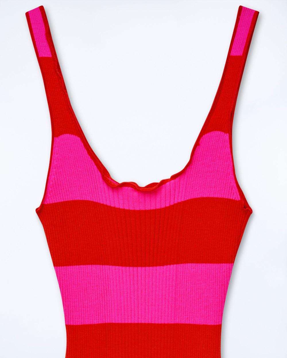 ROUGE VIF / DJV / QTY : 54 / Robe Longue Bretelle Rayures - Rouge Vif
