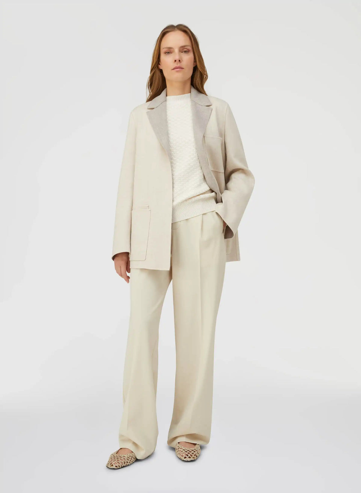 IVORY DAMIER WOOL AND SILK JACQUARD CREWNECK