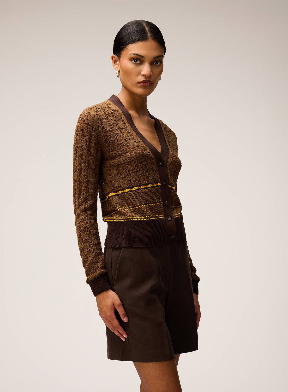 DARK TAUPE, CHOCO, YELLOW MIX STITCH KNIT CARDIGAN
