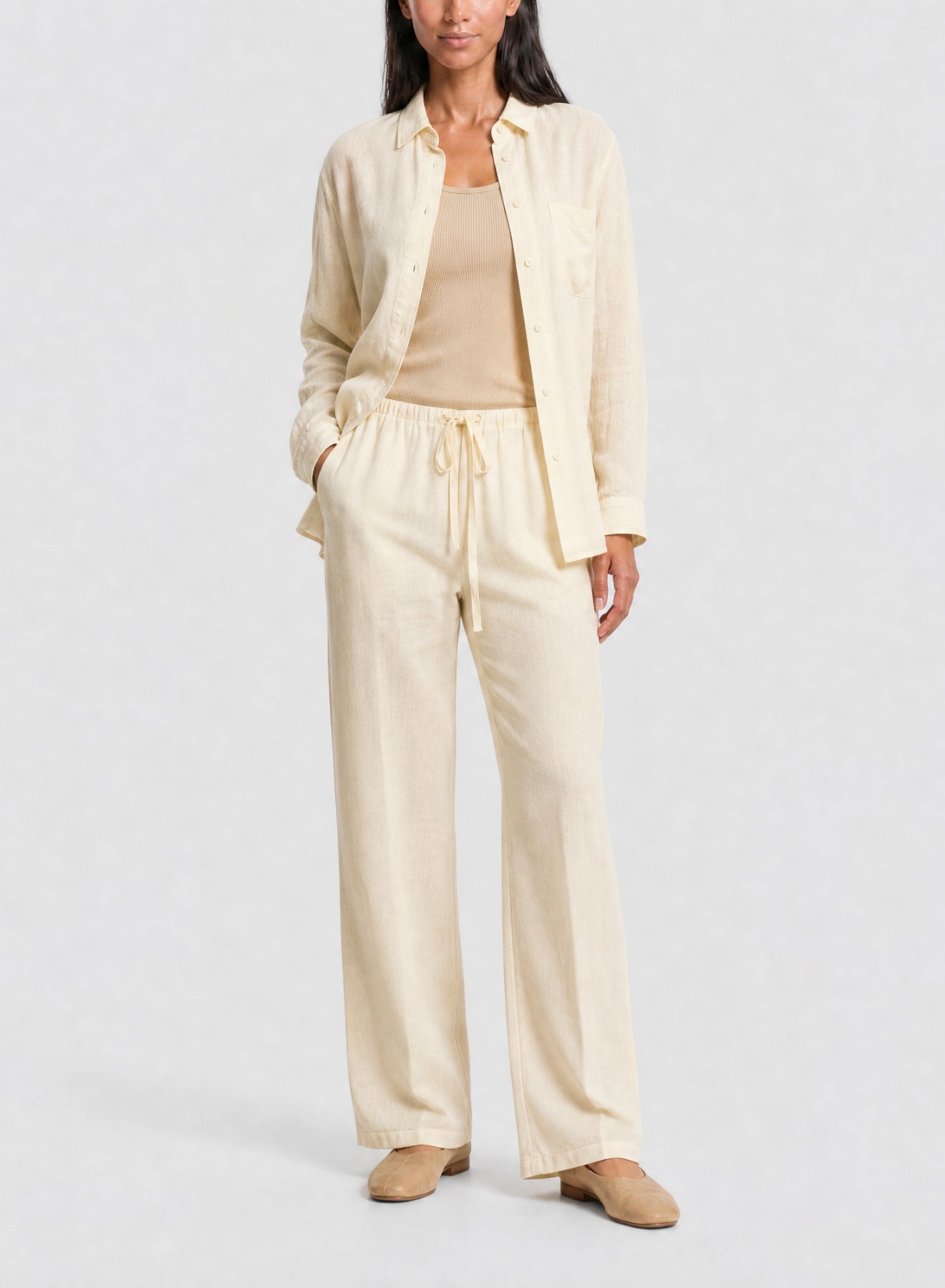 Pantalon élastiqué en laine avec cordon de serrage - Vanille
