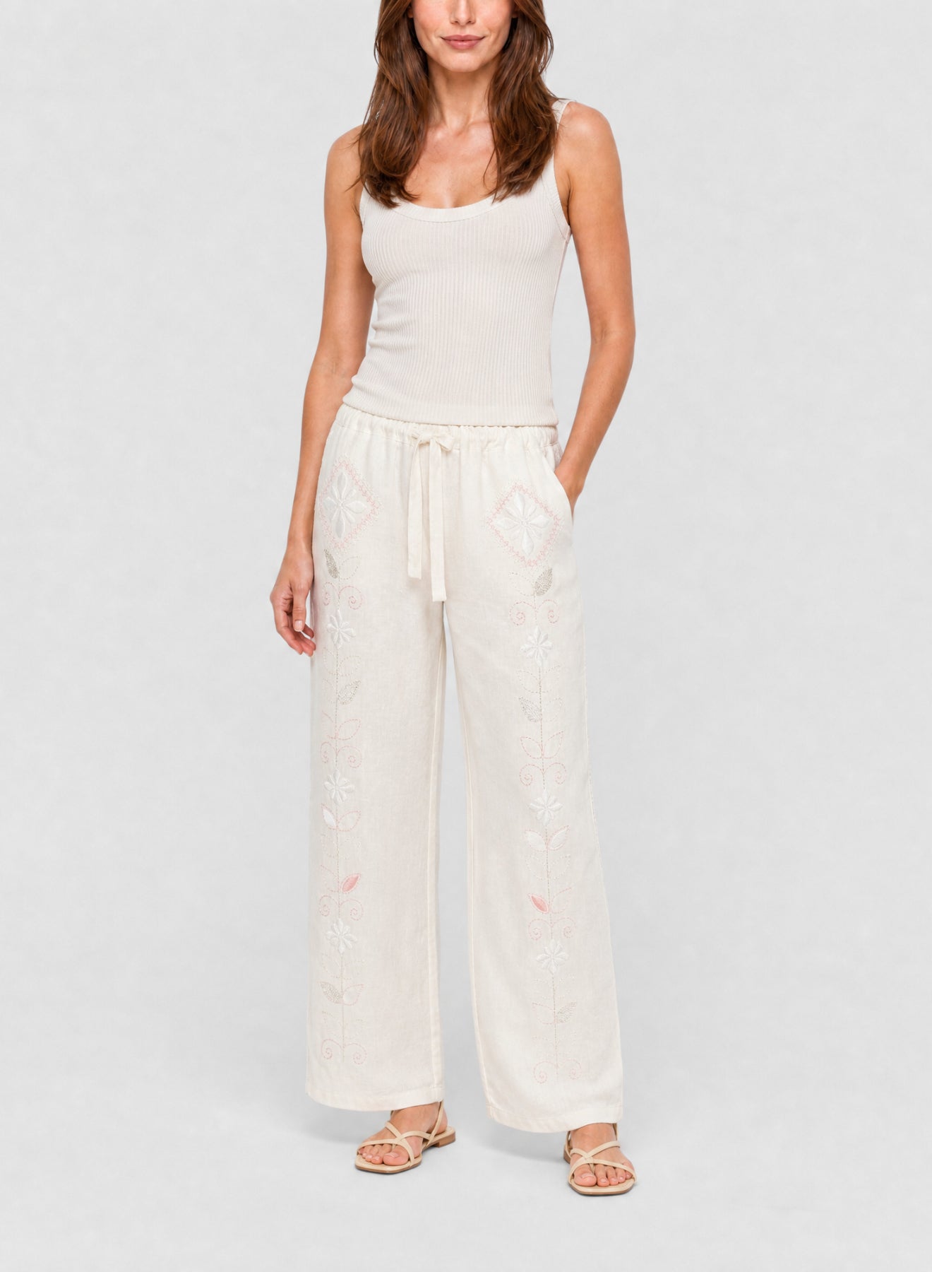 Pantalon en lin avec broderie Oniric Blossom - Orchidea