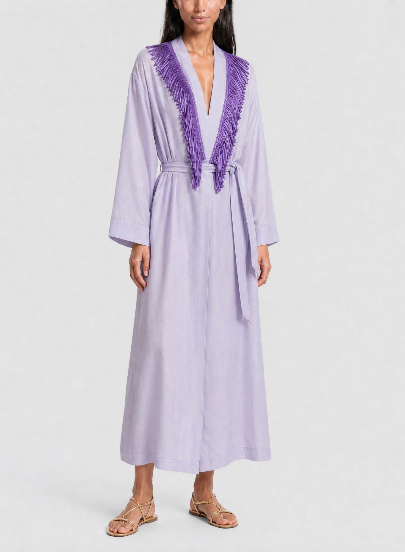 Kimono en soie mélangée avec franges - Lilac