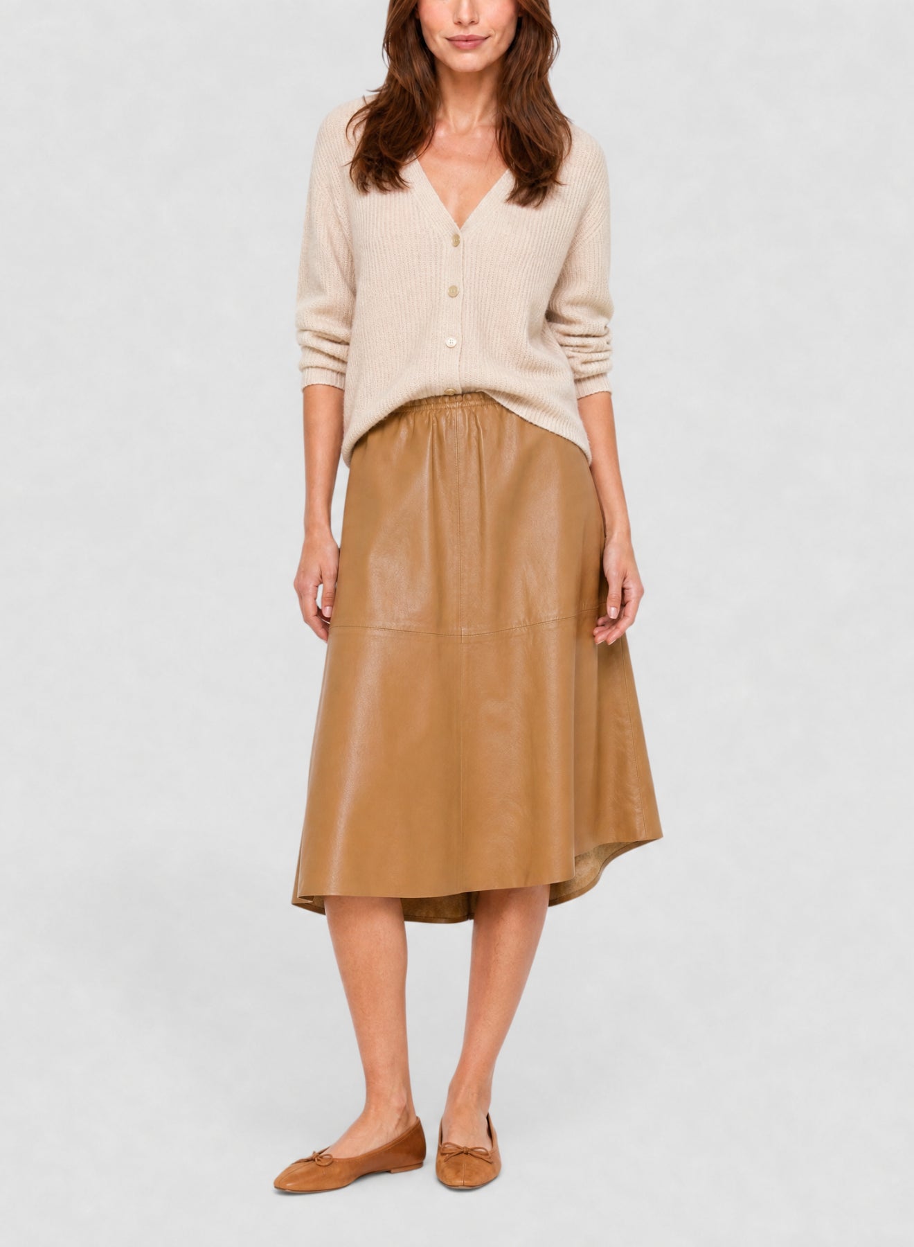 Jupe midi en cuir - Noisette