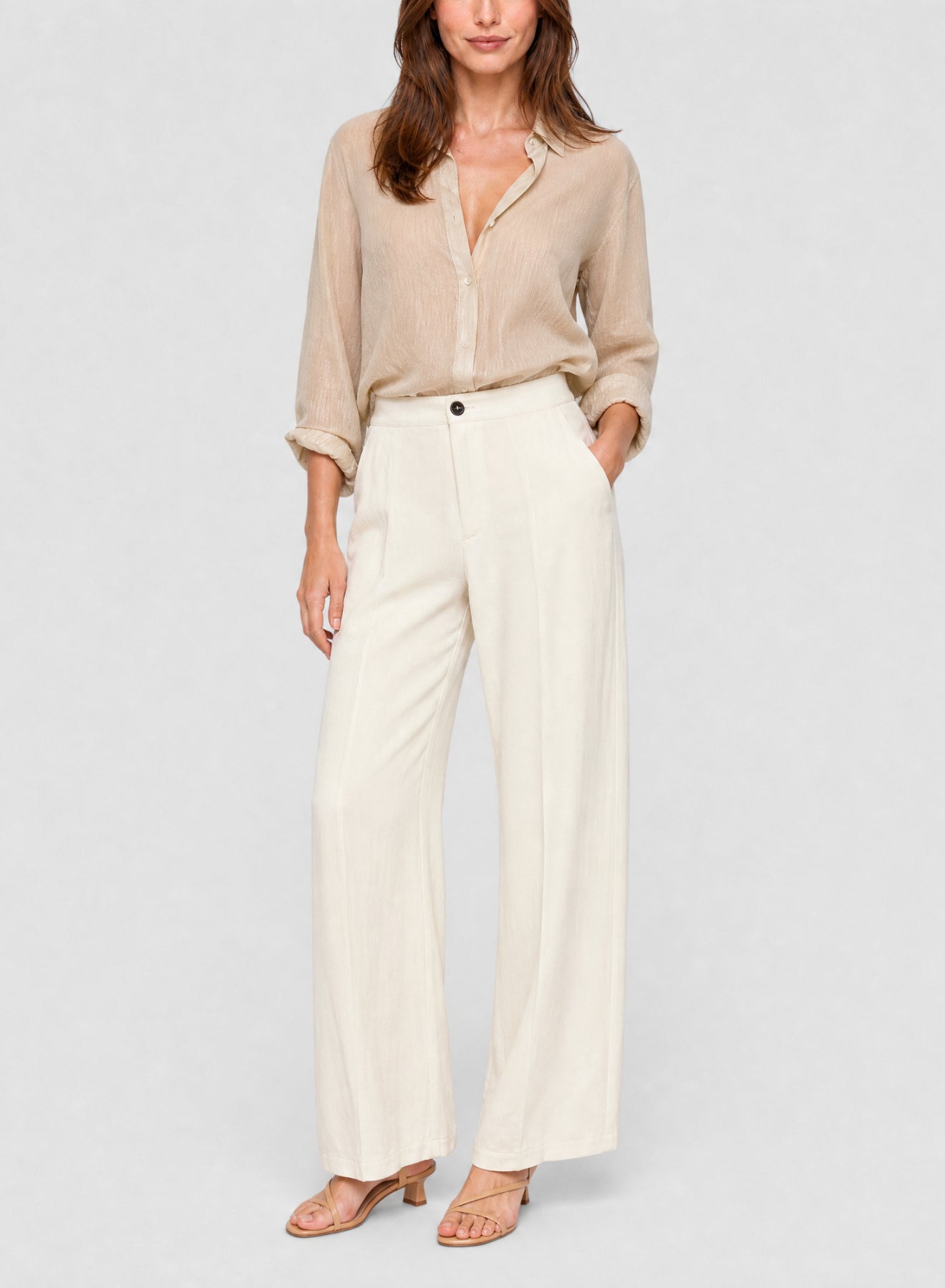 Pantalon taille haute en coton - Cream