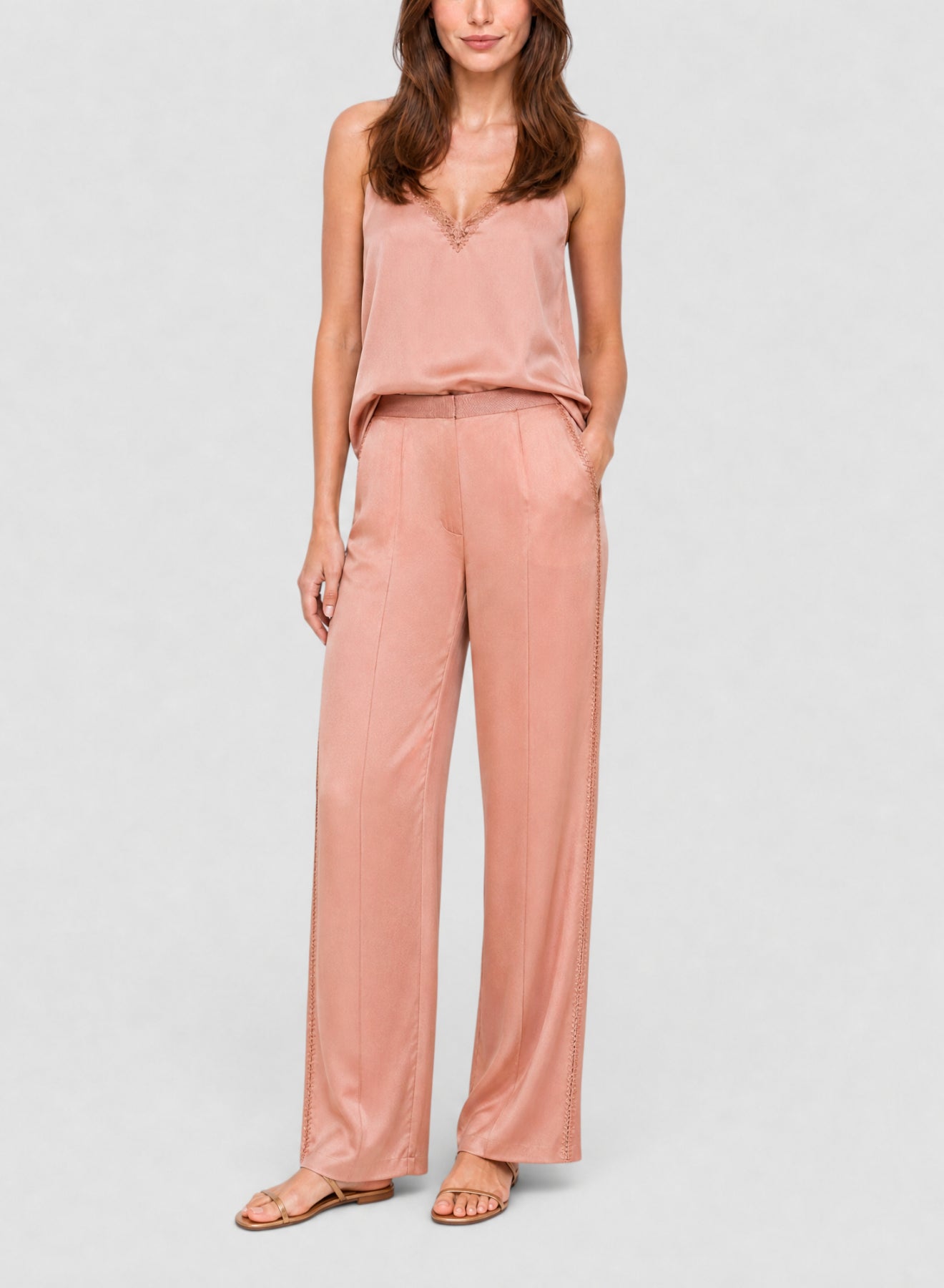 Pantalon brodé taille haute - Poudre