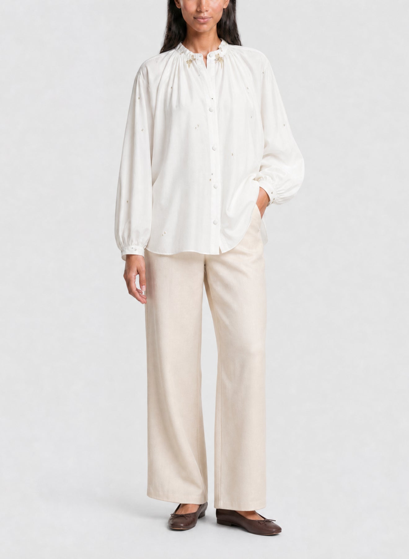 Chemise brodée Carrousel Des Sylphes en soie mélangée - Bianco