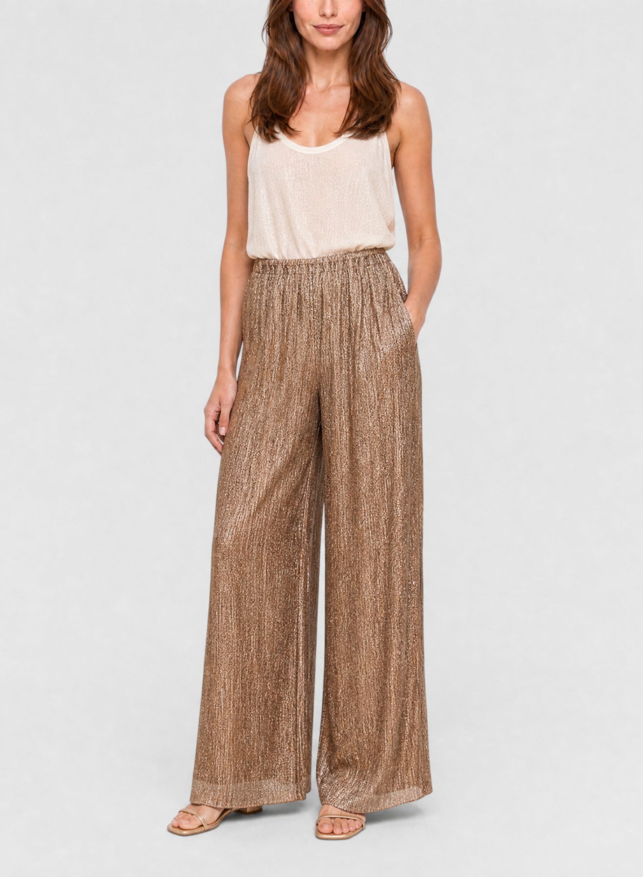 Pantalon palazzo en lamé froissé - Poudre