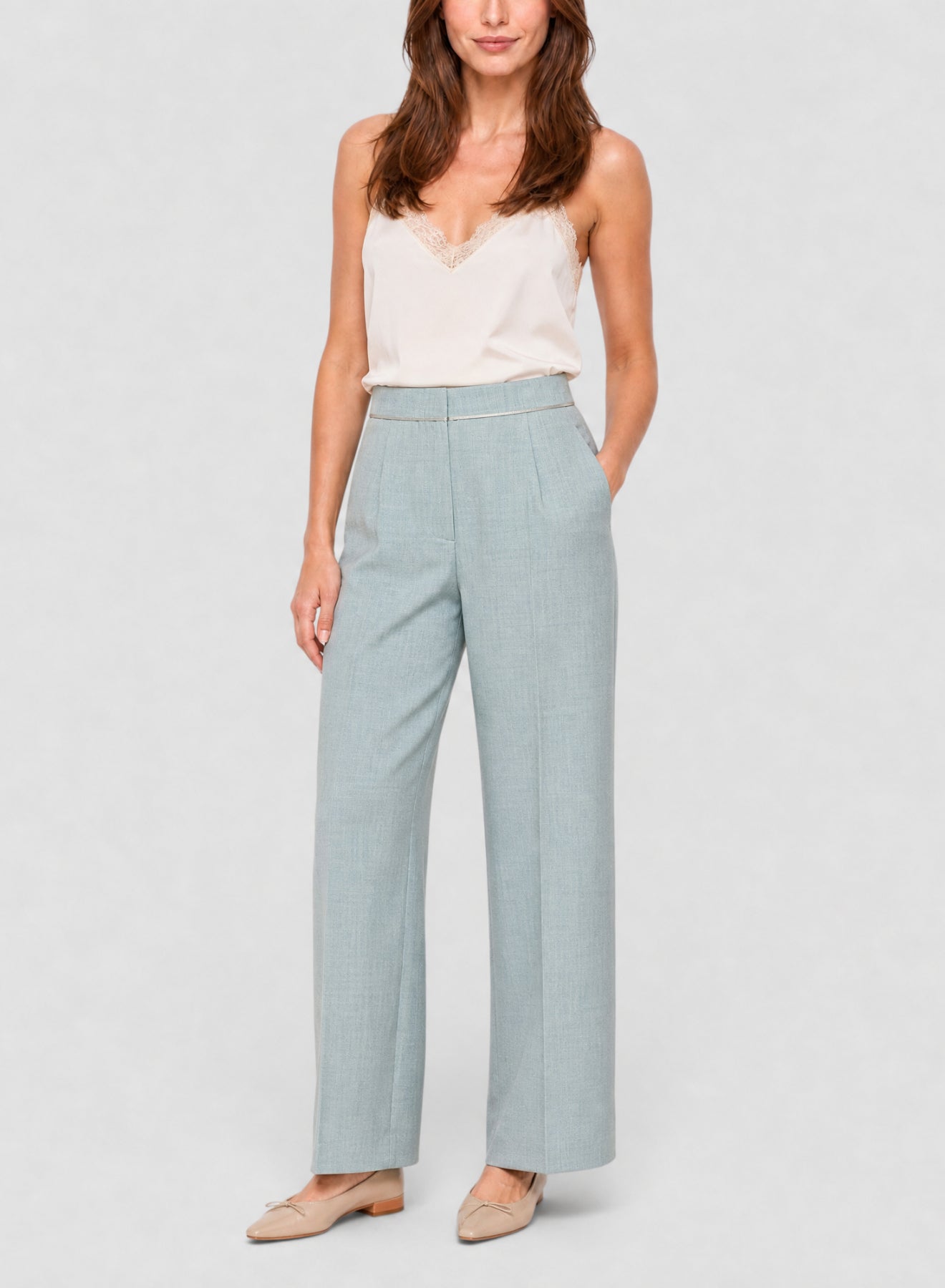 Pantalon taille haute en toile mélangée de laine - Plume