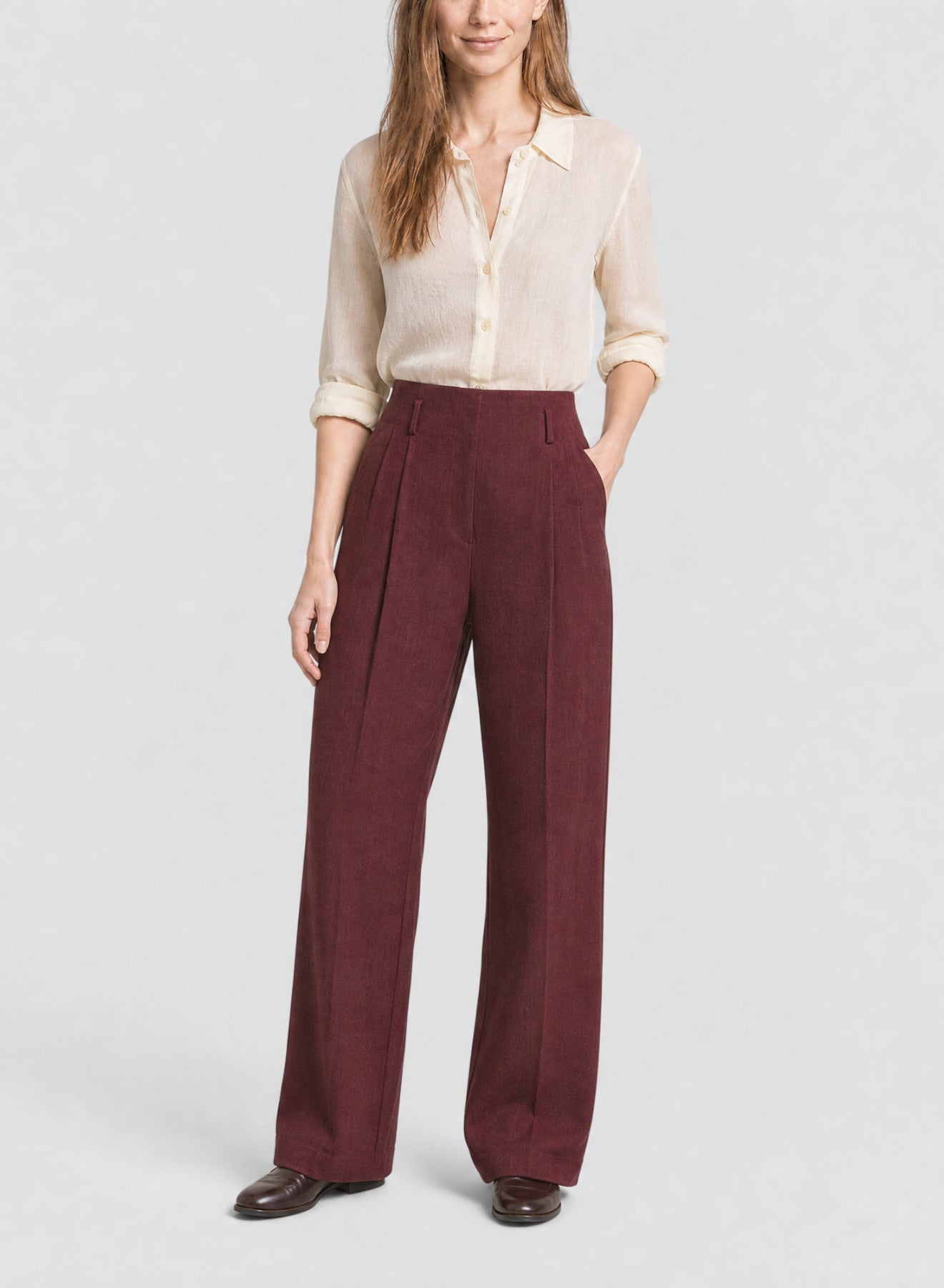 Pantalon taille haute en toile fluide - Bordeaux