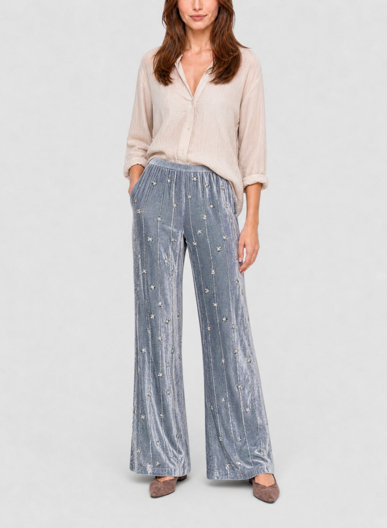 Pantalon évasé en velours brodé Petites Étoiles - Plume