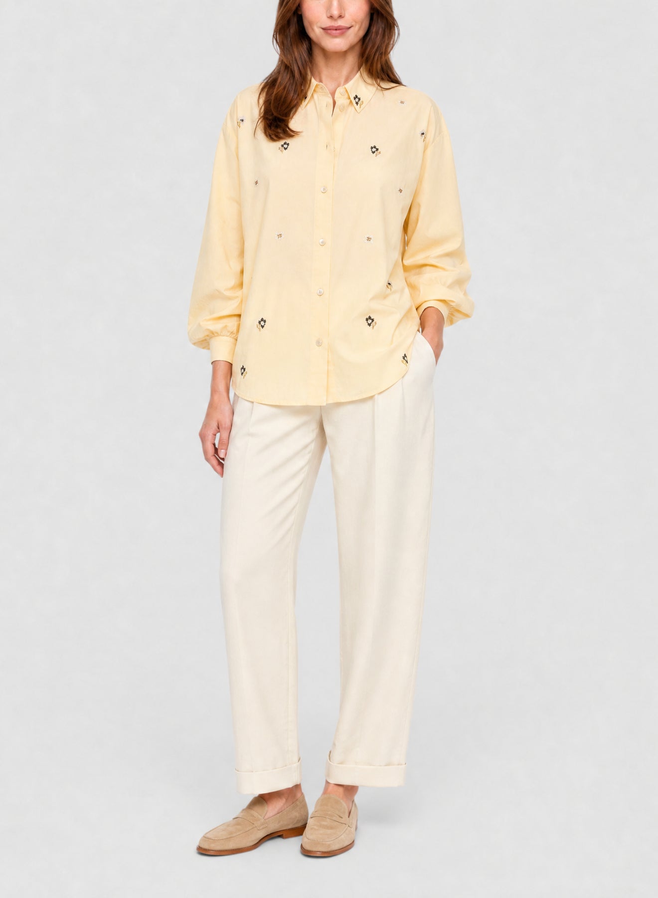 Chemise courte en soie avec broderie En Fleur - Honey