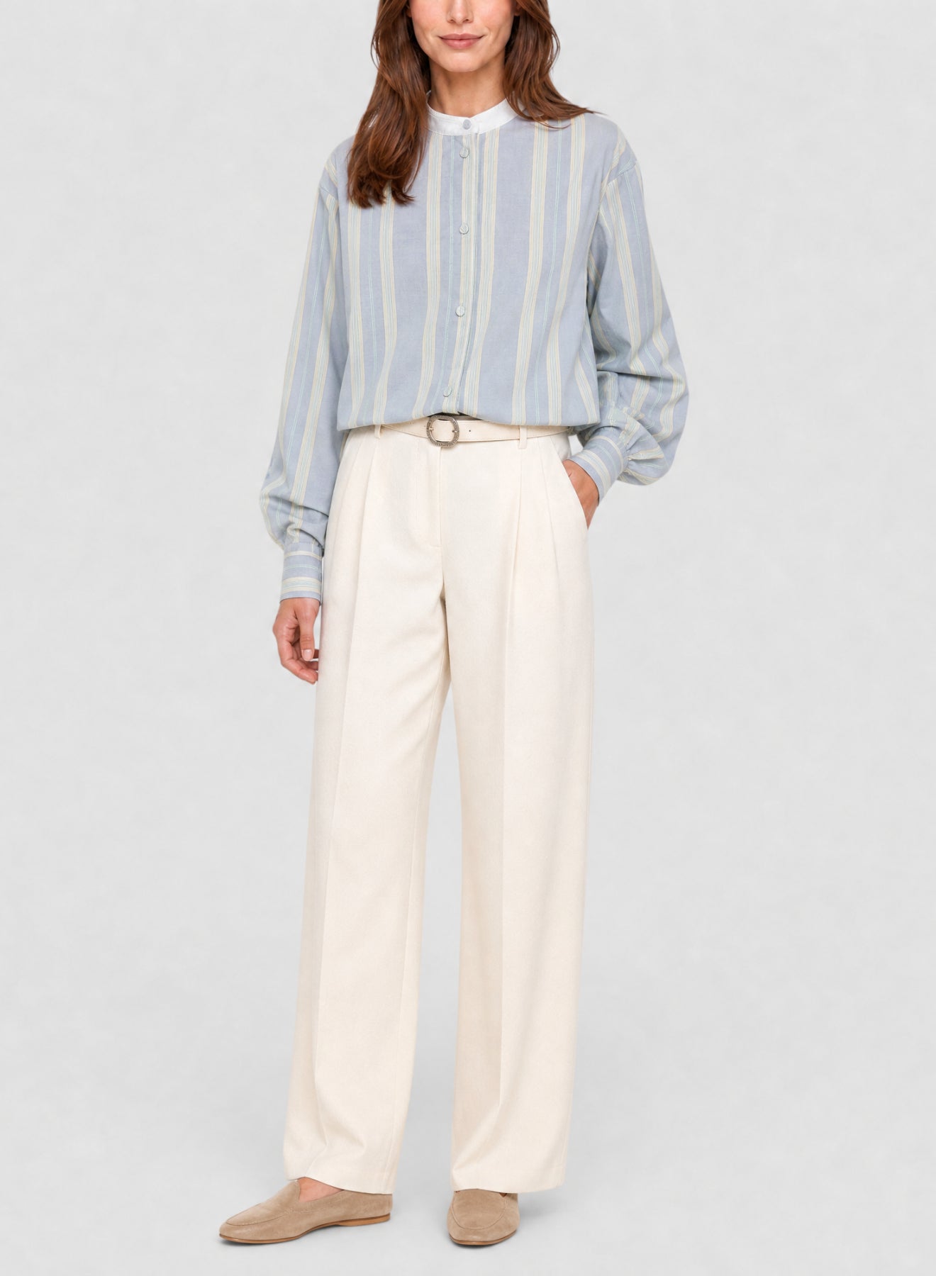 Chemise Grand-Père rayé avec détails en velours - Ciel