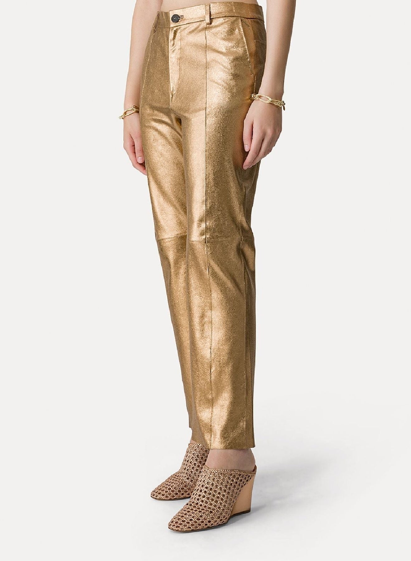 Pantalon droit en cuir laminé - Bronze