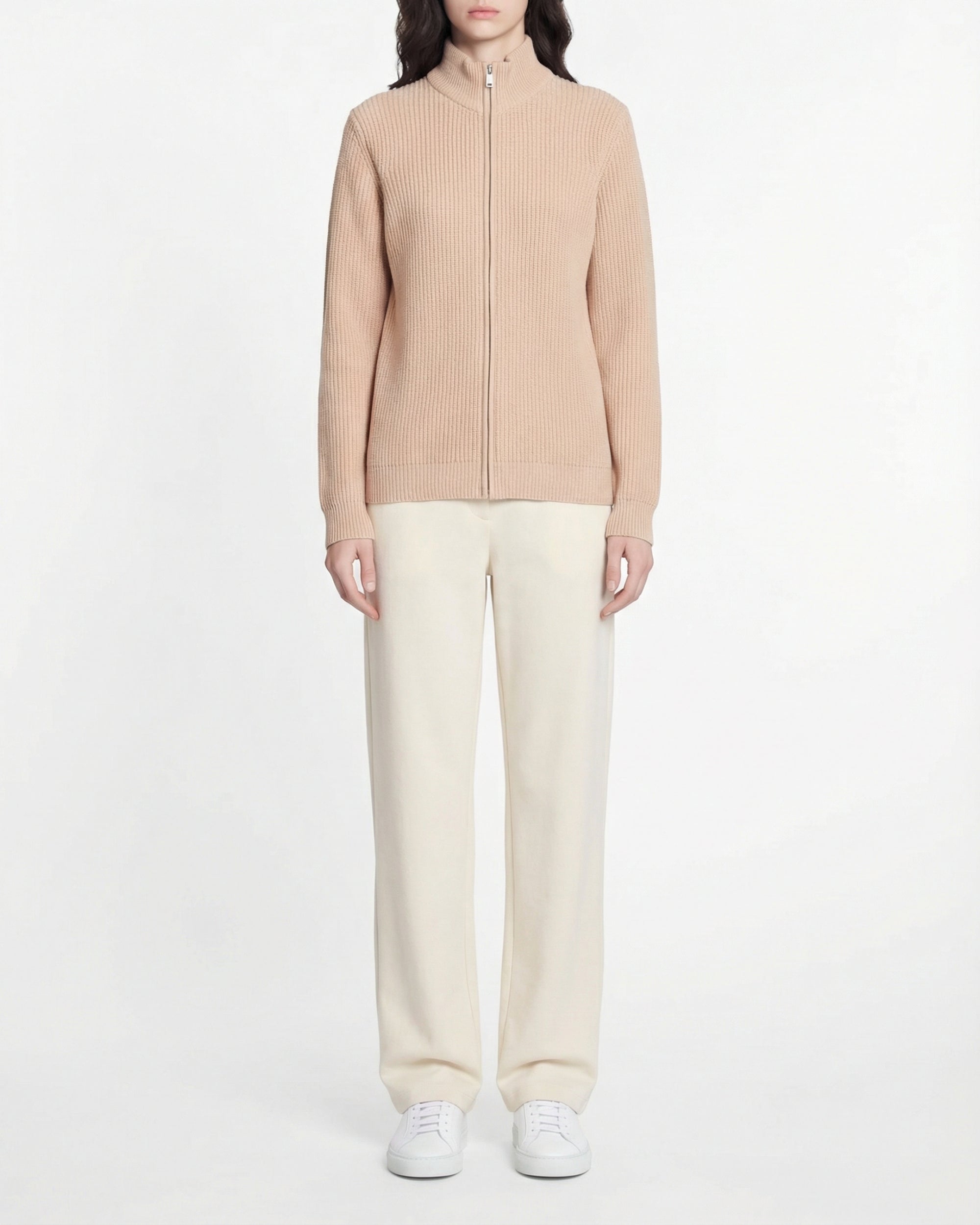 Gilet à côtes zippé en cachemire - Beige