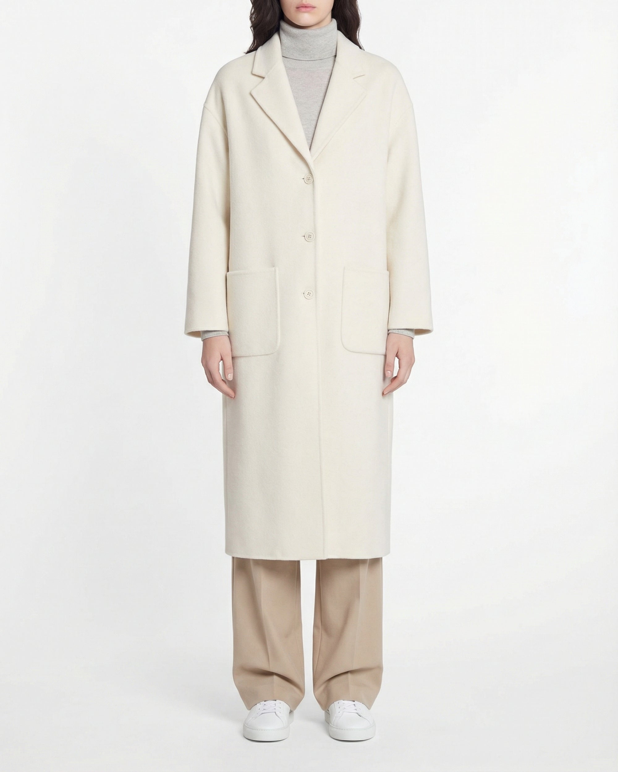 Manteau long double face en laine - Ecru
