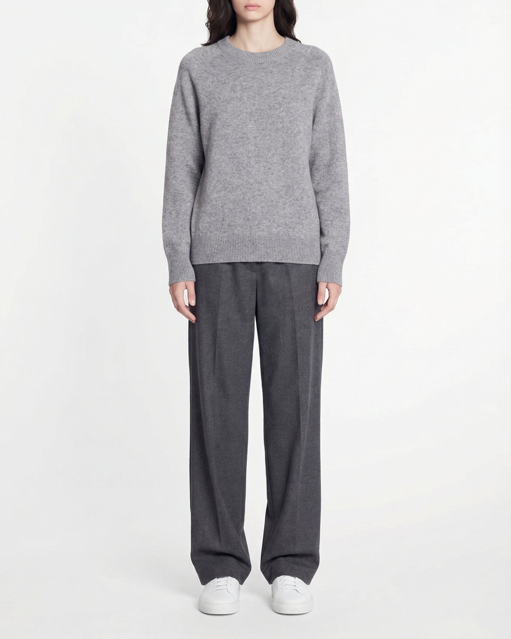 Pull oversize à col rond en cachemire - Gris Chiné Foncé