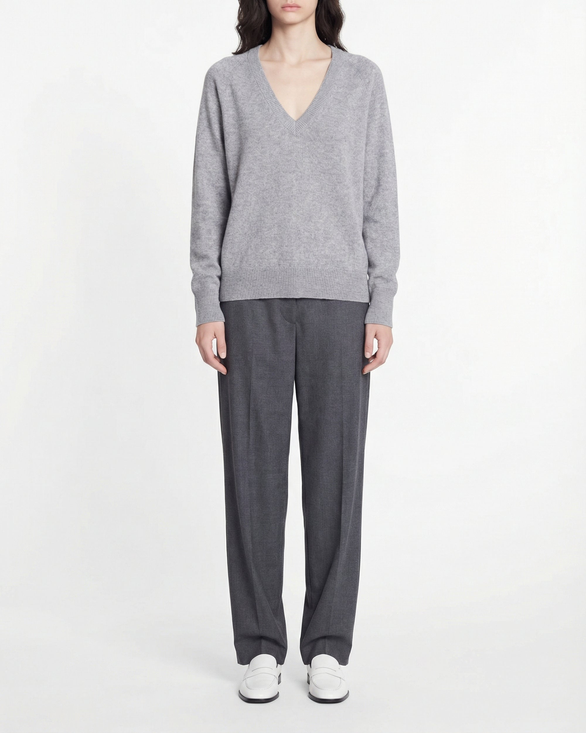 Pull oversize à col V en cachemire - Gris Chiné Foncé