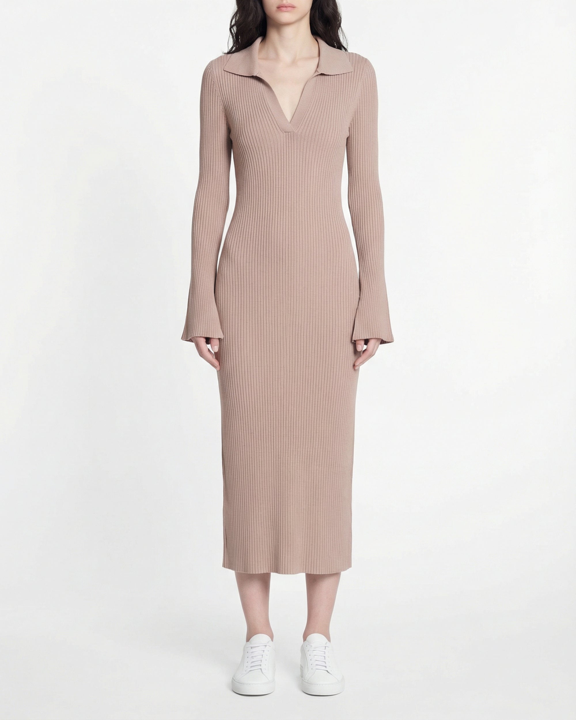 Robe longue à col polo en laine - Tropical Camel
