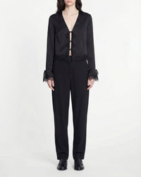 Lace and silk trim top - Black
