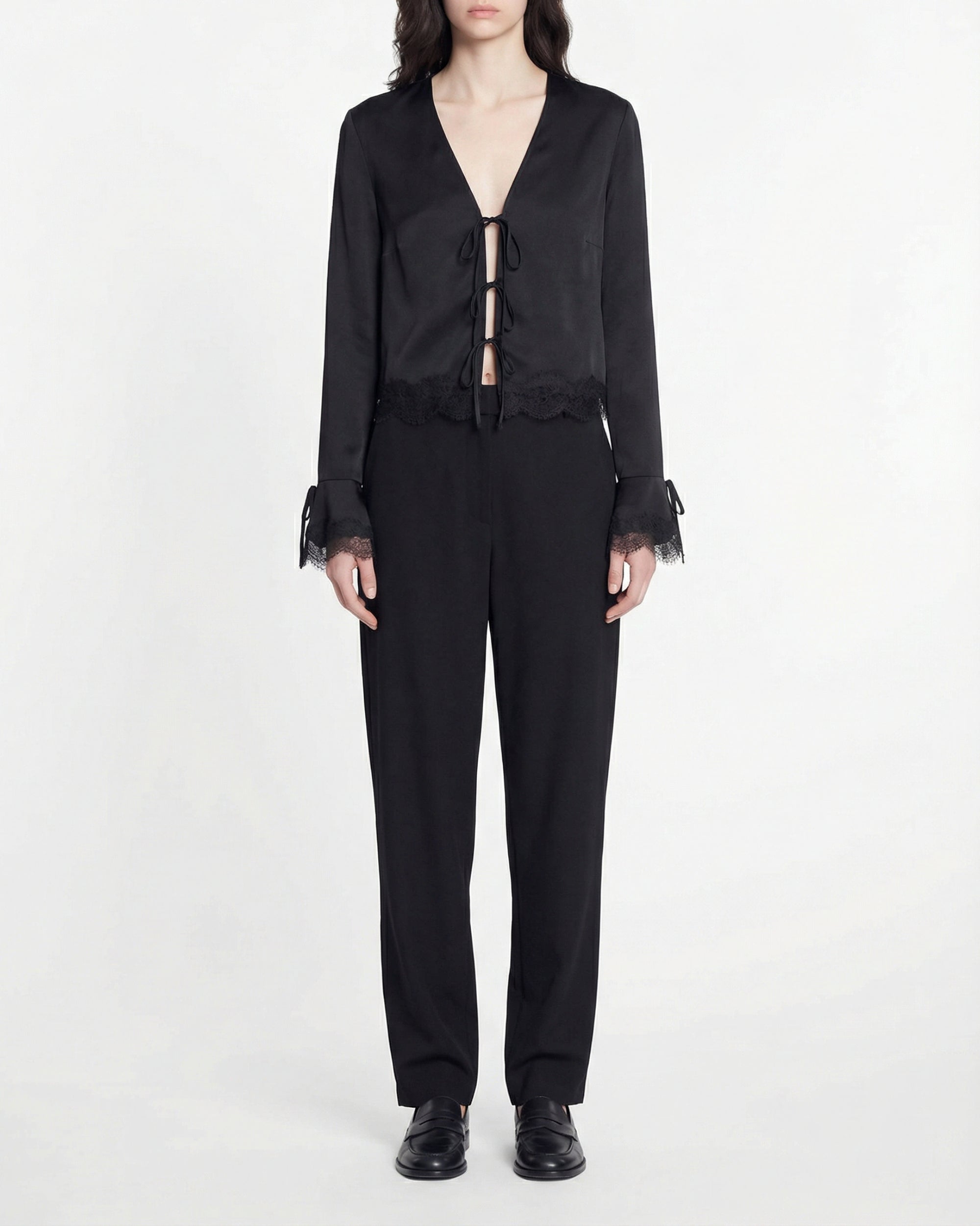 Lace and silk trim top - Black