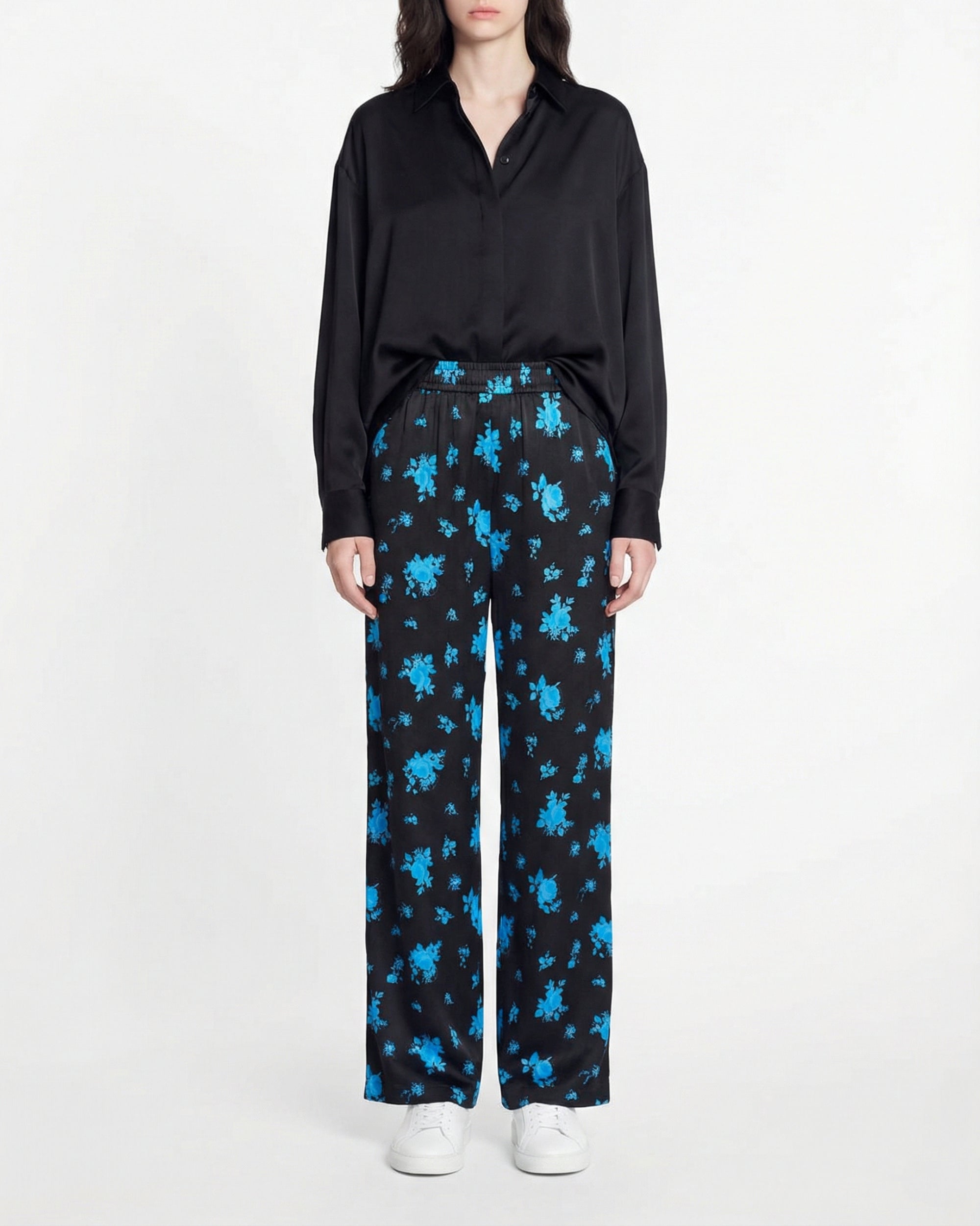 Régine silk wide-leg trousers - Midnight Bouquet