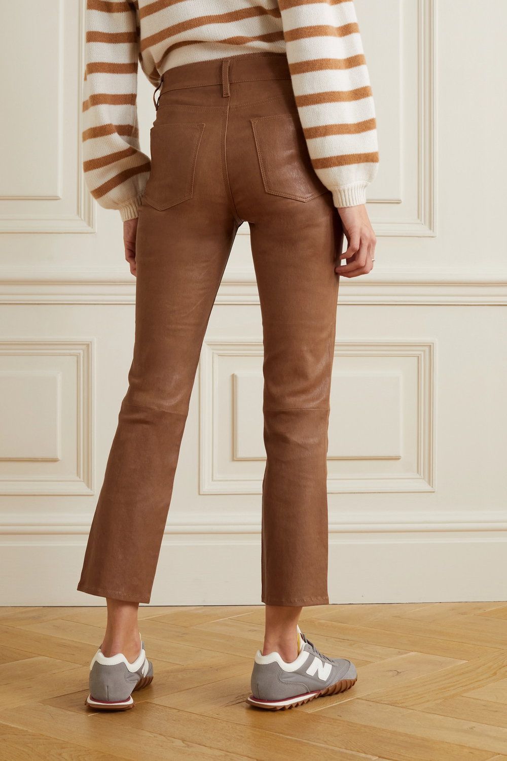 High-waisted straight-leg leather trousers - Latte